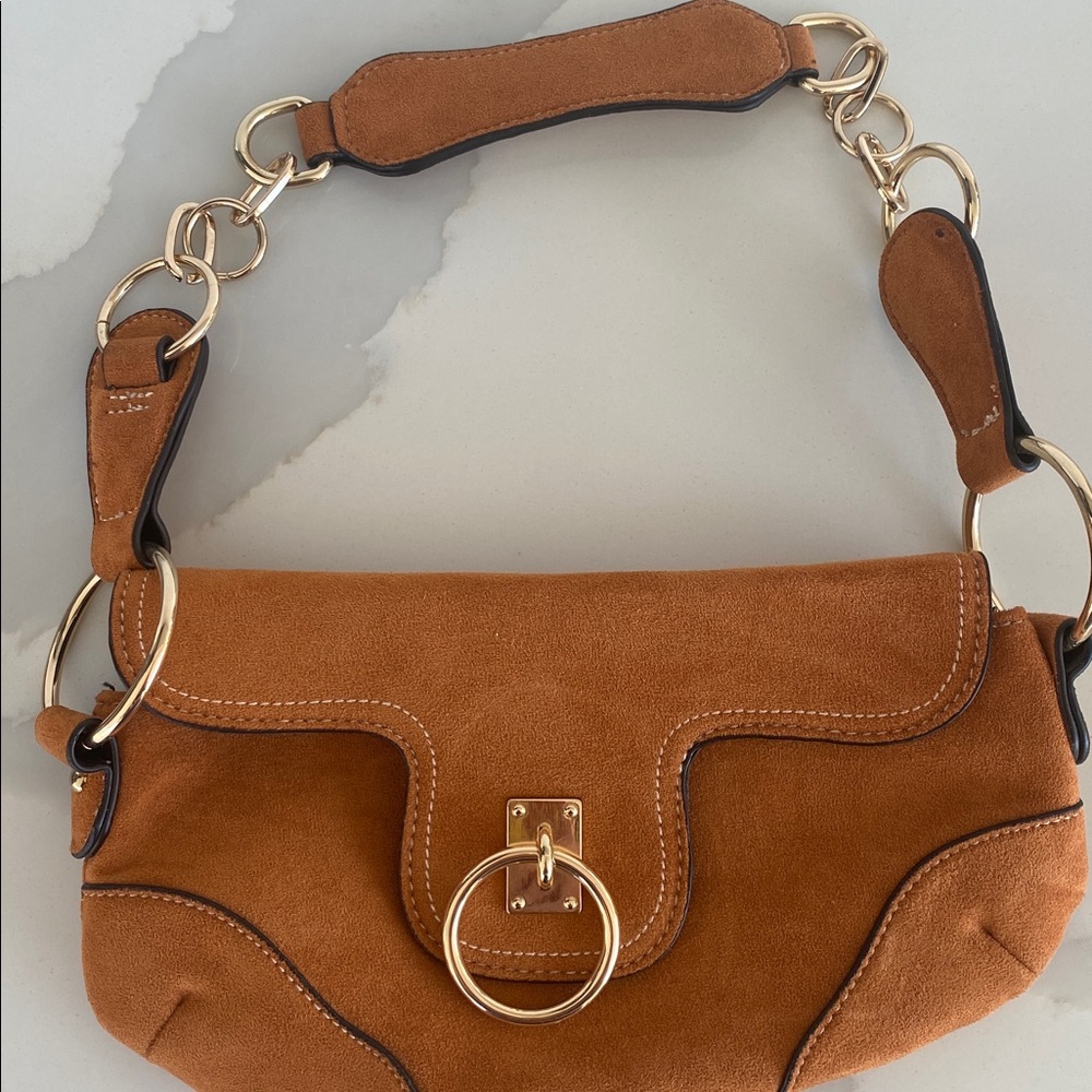 Brown Suede Shoulder Bag with Gold Chain